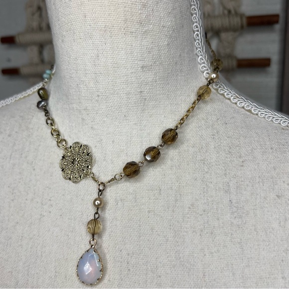 Handmade vintage and new pieces mixed up-cycled necklace with real stone pendant - Picture 7 of 13